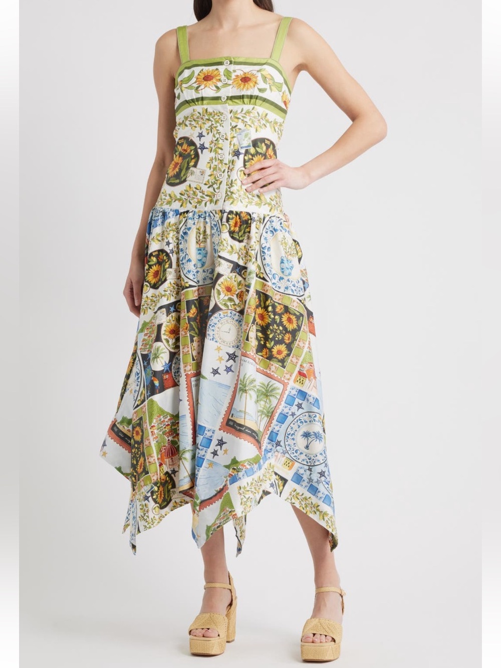 FARM Rio Latin Trip Print Asymmetric Cotton Button-Front Sundress in Medium NWOT